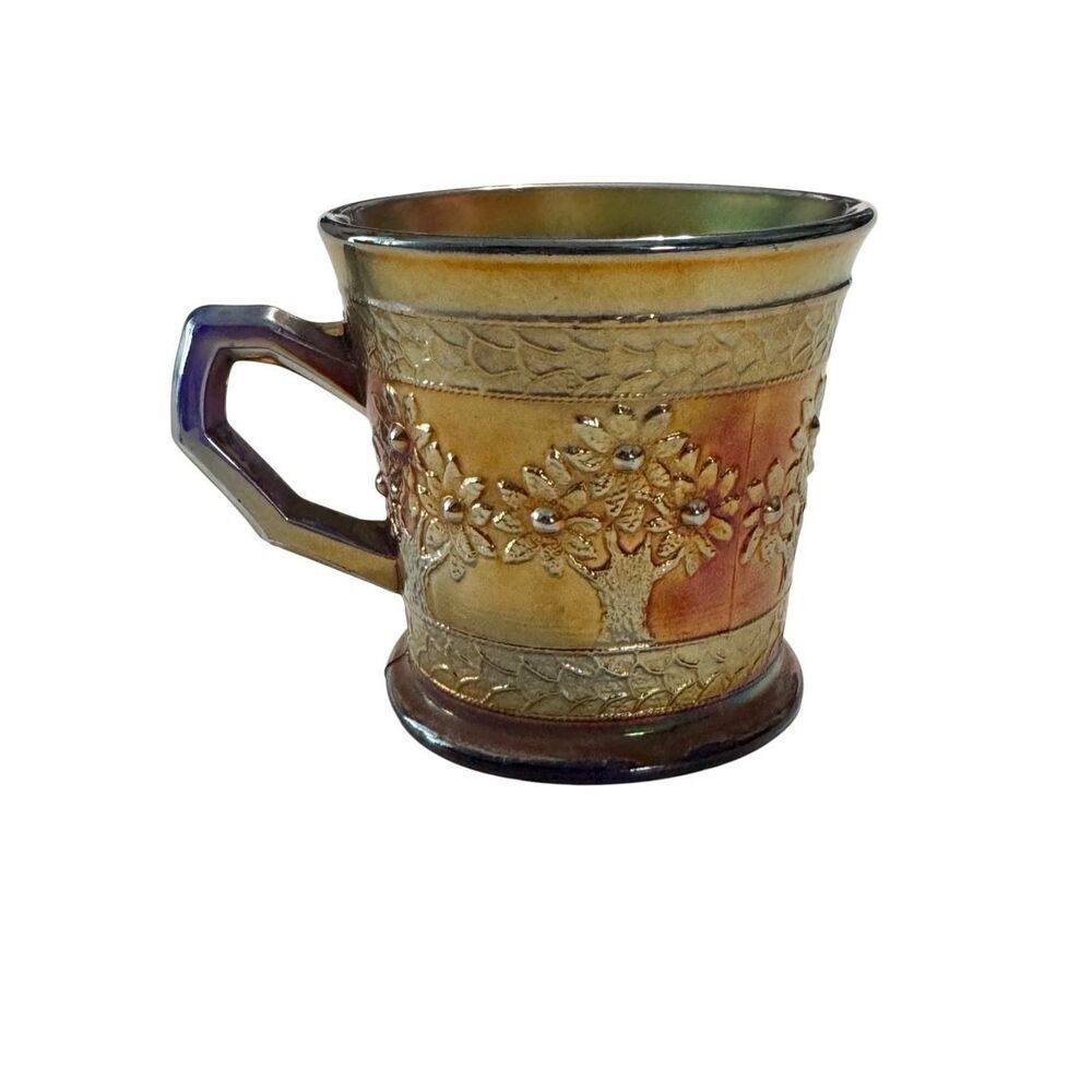 Fenton Carnival Glass Orange Tree Cobalt Blue Inside Mug 3-1/2" Tall Antique